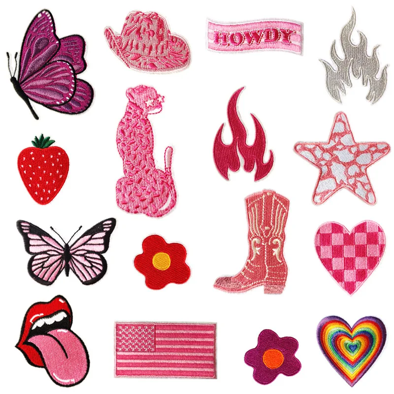 Patches Custom Iron On Embroidered Pink style boot Flame Star pink Panther Patches For Clothes Bag Decoration