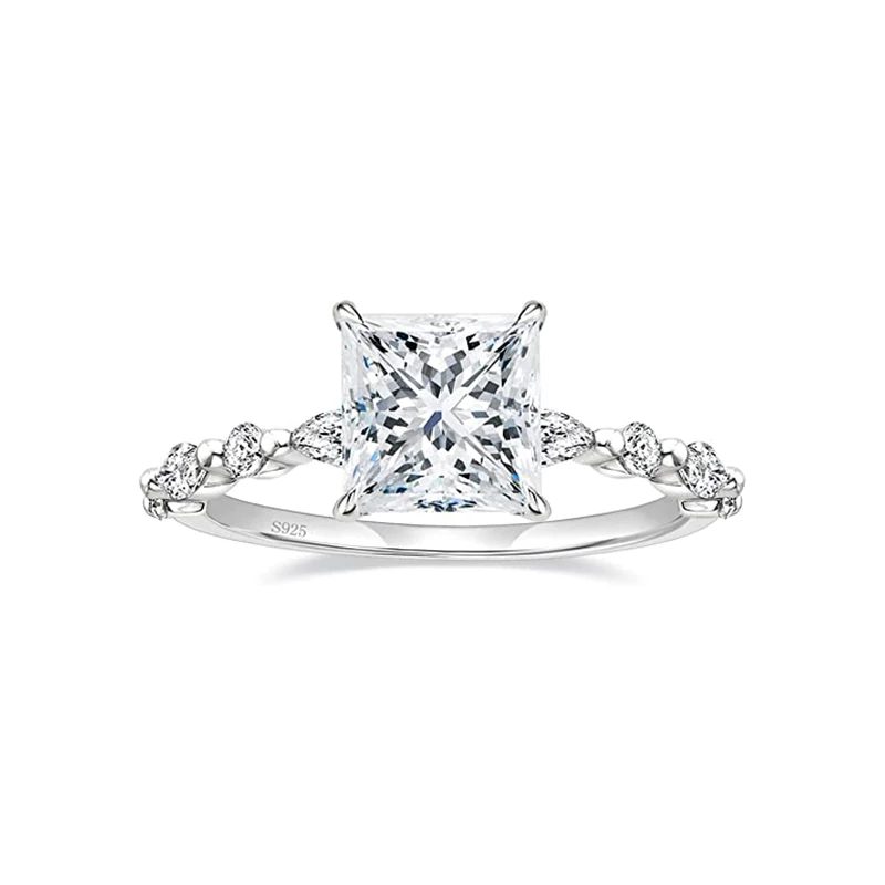 CANNER 2 Karat S925 Sterling Silver Ring Princess Engagement Moissanite Ring Marquise and Round Cubic Zirconia Wedding Rings