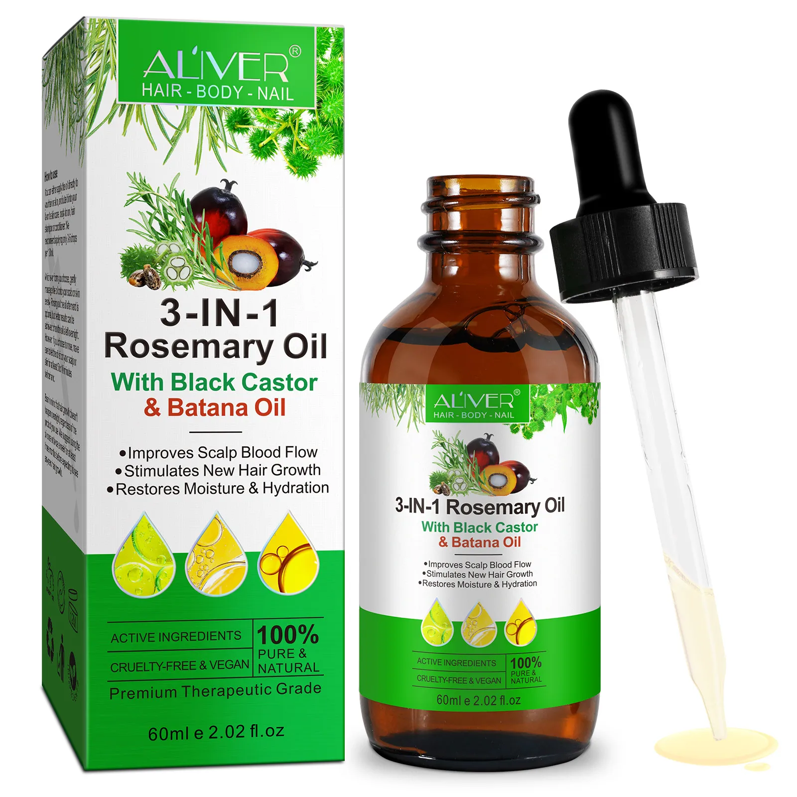 ALIVER Stimulates Scalp Natural Herbal Miracle Skin Anti Aging 3in1 Rosemary Black Castor Batana Essential Oil Hair Growth