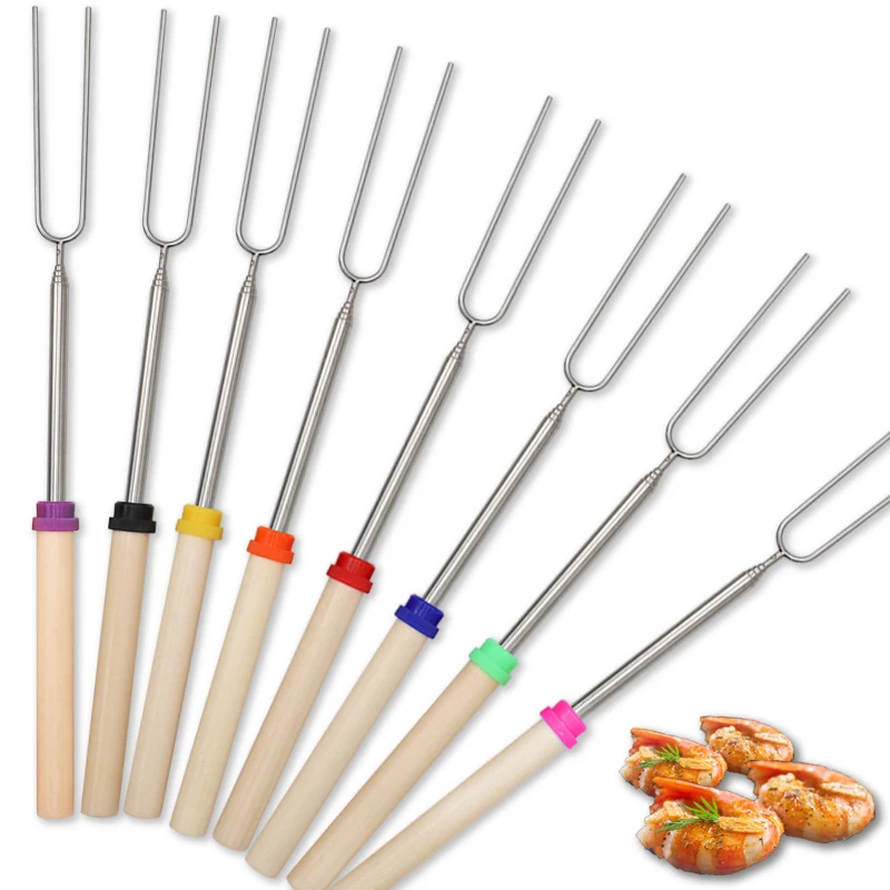 Roasting Sticks Hot Selling Outdoor Wooden Handle Extendable Telescopic Stainless Steel Telescopic Marshmallow Roasting Sticks