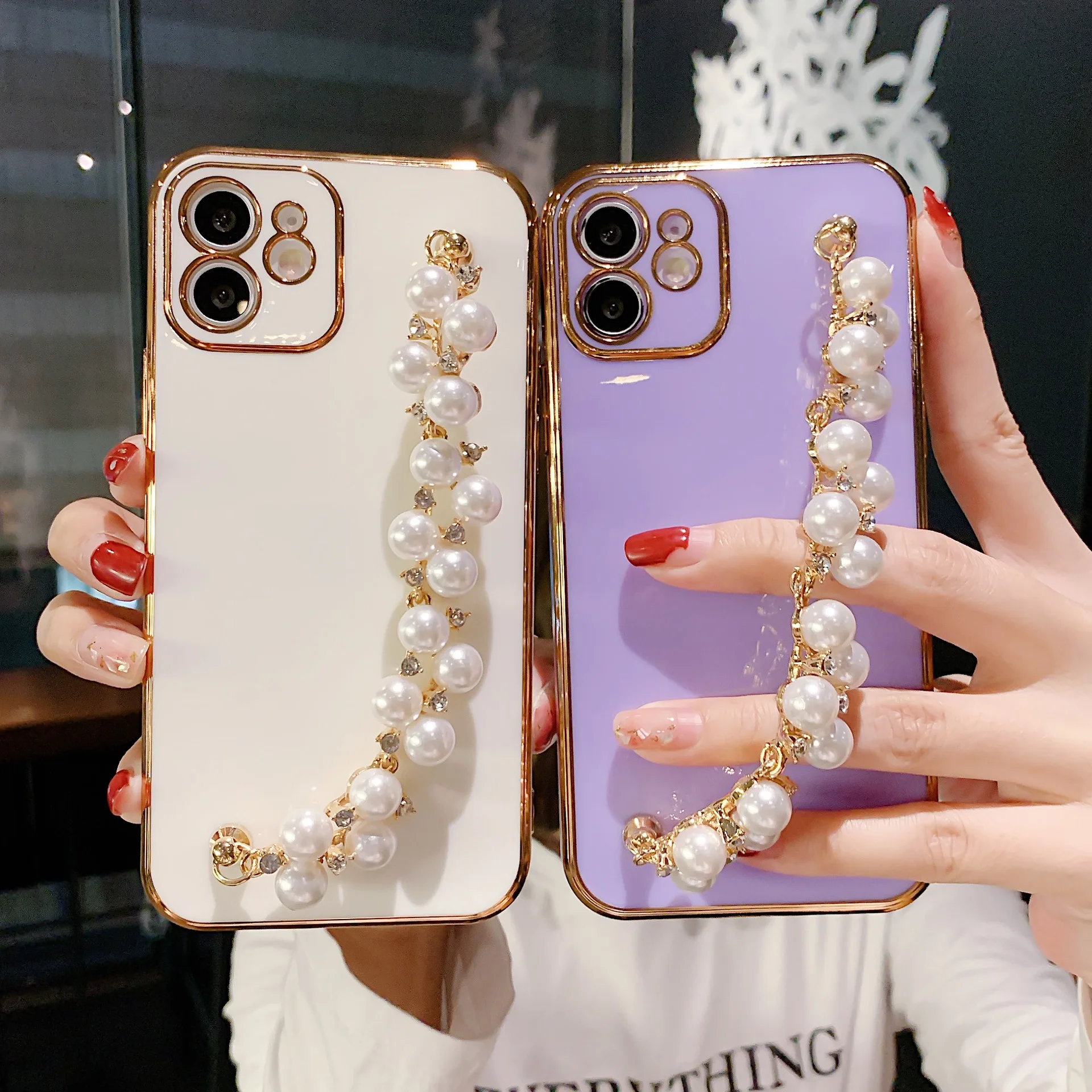 electroplate Pretty Camera Protector Flower cover Diamond Stone Pearl Bracelet Phone Case For iPhone 11 12 14 13 Pro Max Cases