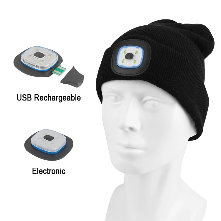 Unisex 4 LED USB Rechargeable Headlight Knit Hat Custom Logo Hat Night Led Hat Wireless For Sports At Night