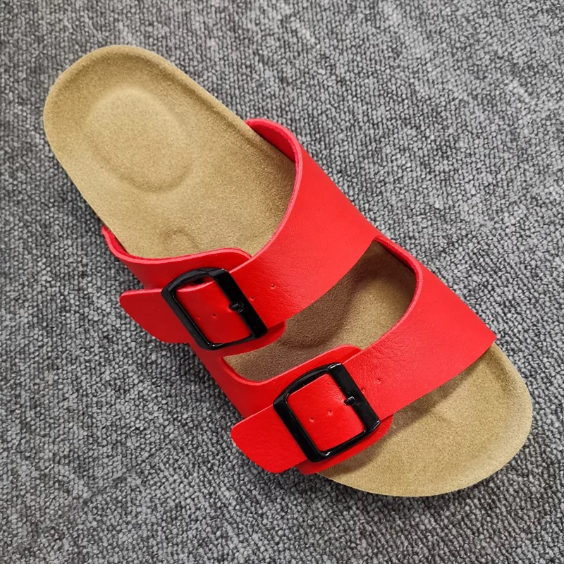 Wholesale men and women classic two straps cork sole sandals with soft leather insole and arch support in red black color