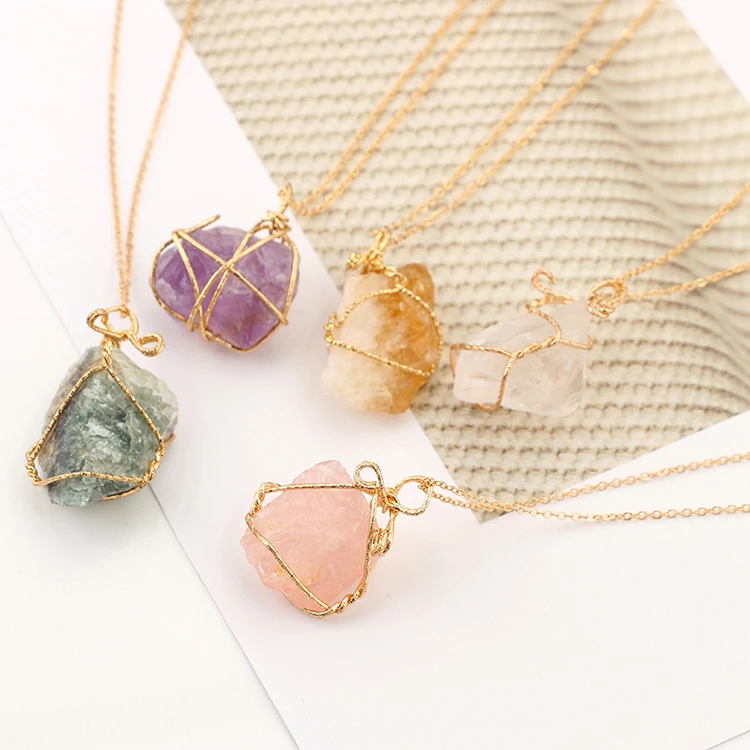 Natural Stone Amethyst Pendant Necklaces Gold Plated Rose Quartz Crystal Wire Wrapped stone pendant necklace