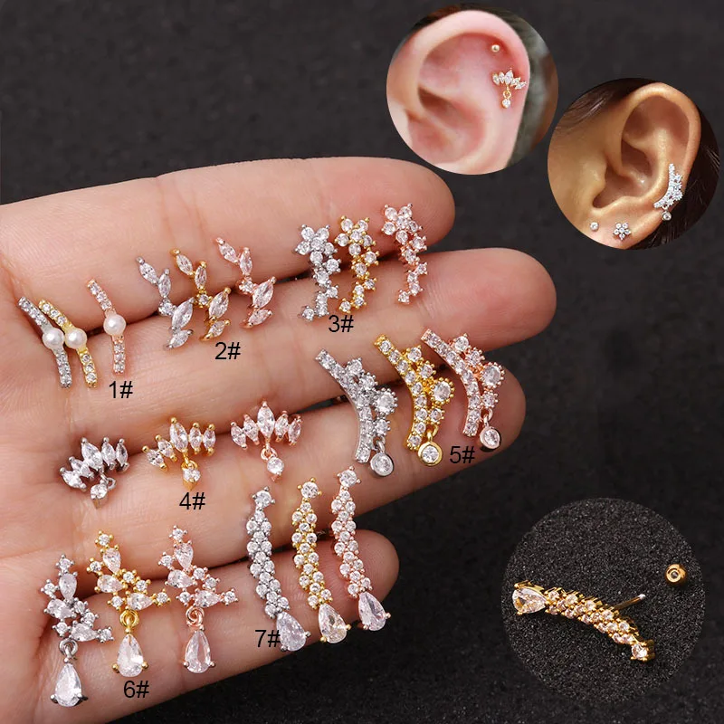  POENNIS Mixed color7 Silver Rose Gold Curved Stainless Steel Bar Ear Piercing Jewelry Flower Crown Tragus Daith