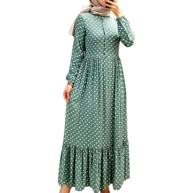 H & D New New style Muslim Women Long Sleeve Dress Popular Polka Dot Ruffled Pleated High Waist Casual Dress For Summer