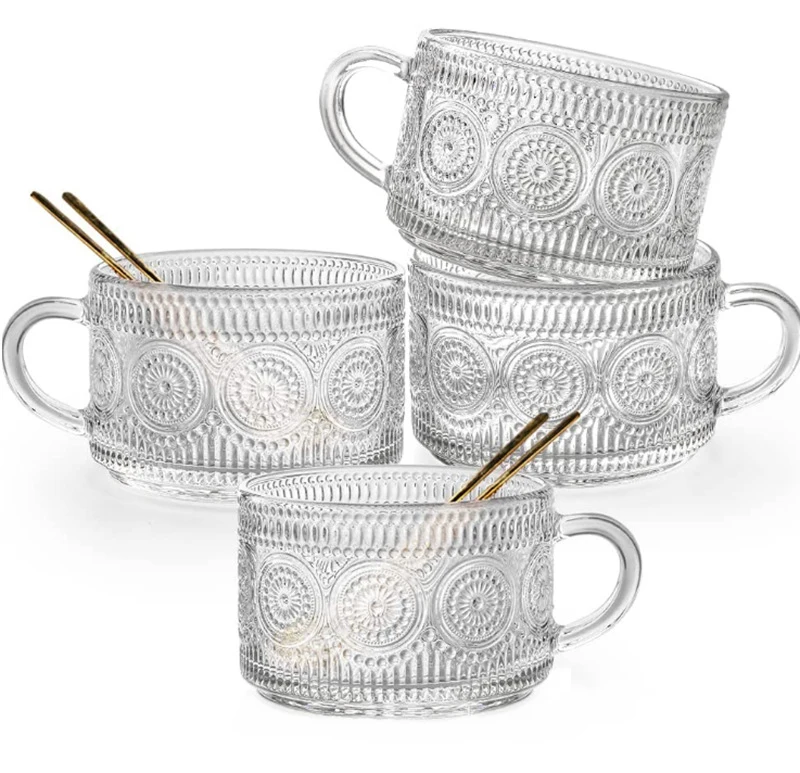 Sunflower Embossed Gold Coffee Cup 450ml Breakfast Glass Handle Cup with Wooden Lid and Spoon Nice Yogurt Oatmeal Glass Cup