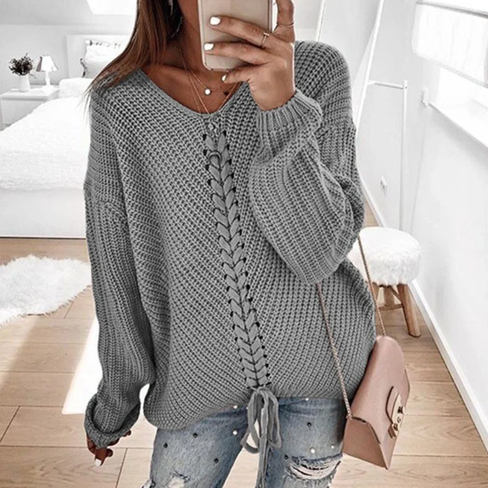 Для женщин с длинным рукавом v-образным вырезом вязанные кардиганы плюс размера 2019 Осень Зима Свободный пуловер Свитера