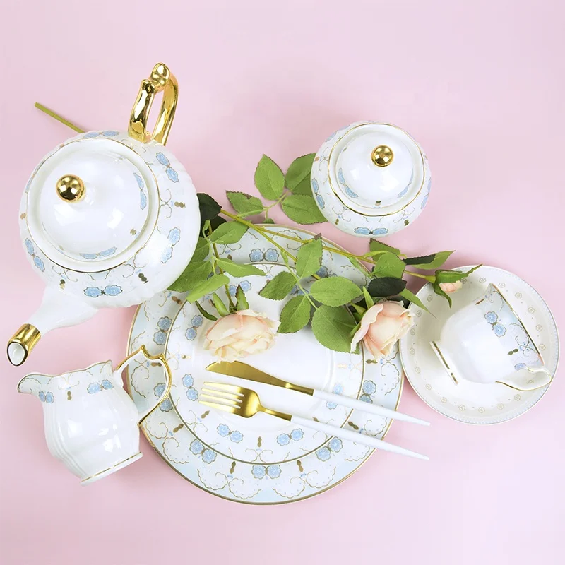 New arrival 24 pieces Royal Fine bone china embossed light green  flower shining golden pattern tea sets light weight