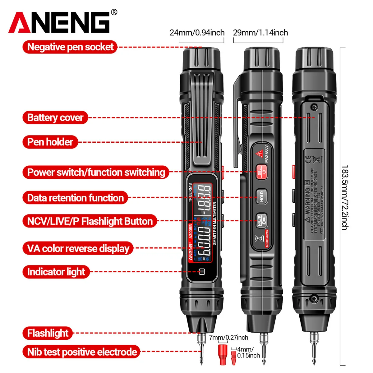 ANENG A3005B Digital Multimeter Non-Contact Professional Meter Pen Type Auto 6000 Counts AC/DC Voltage Ohm Diode Tester For Tool