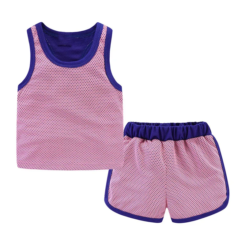 Hot Sale boys 100% polyester wearable mesh tracksuit sleeveless O-neck shorts 2 pieces set basketball sets for kid
