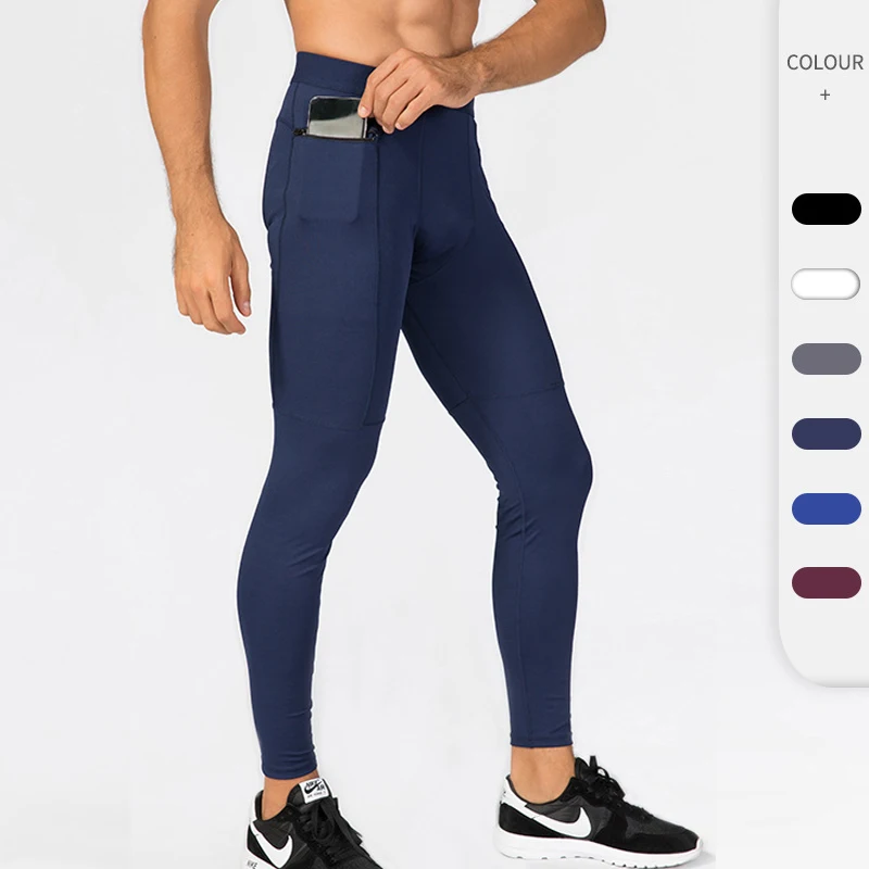 PRO sports running training leggings zip pocket fitness trousers quick-drying stretch compression mens tight pants