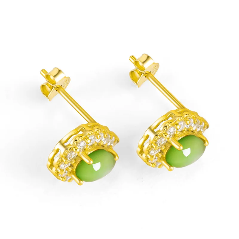 Spinach green natural old material Hetian jade jasper water drop earrings female S925 silverFashion Simplicity  D422