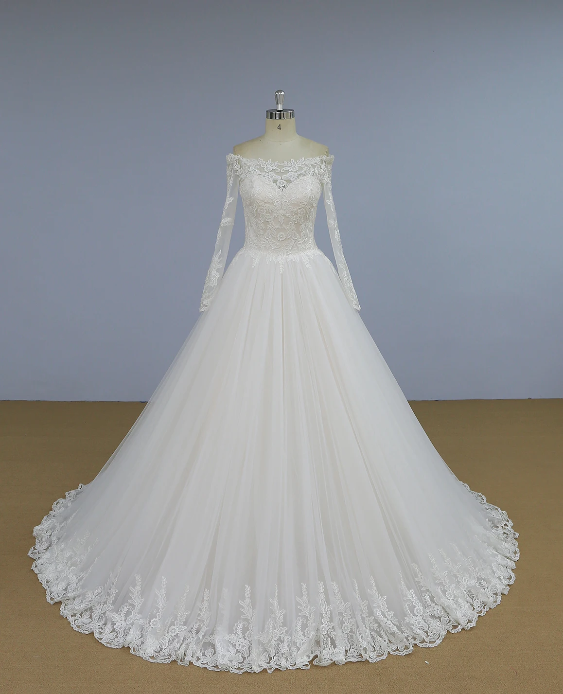 Off shoulder long sleeves bridal dress soft pink wedding dress wholesale china