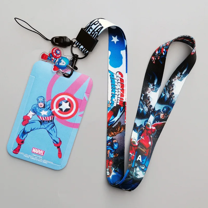 Campus Student Boys Gifts Marvel Lovely Cartoon Captain America Card Holder Portable Hard Plastic Card Cover Case Lanyard Set
