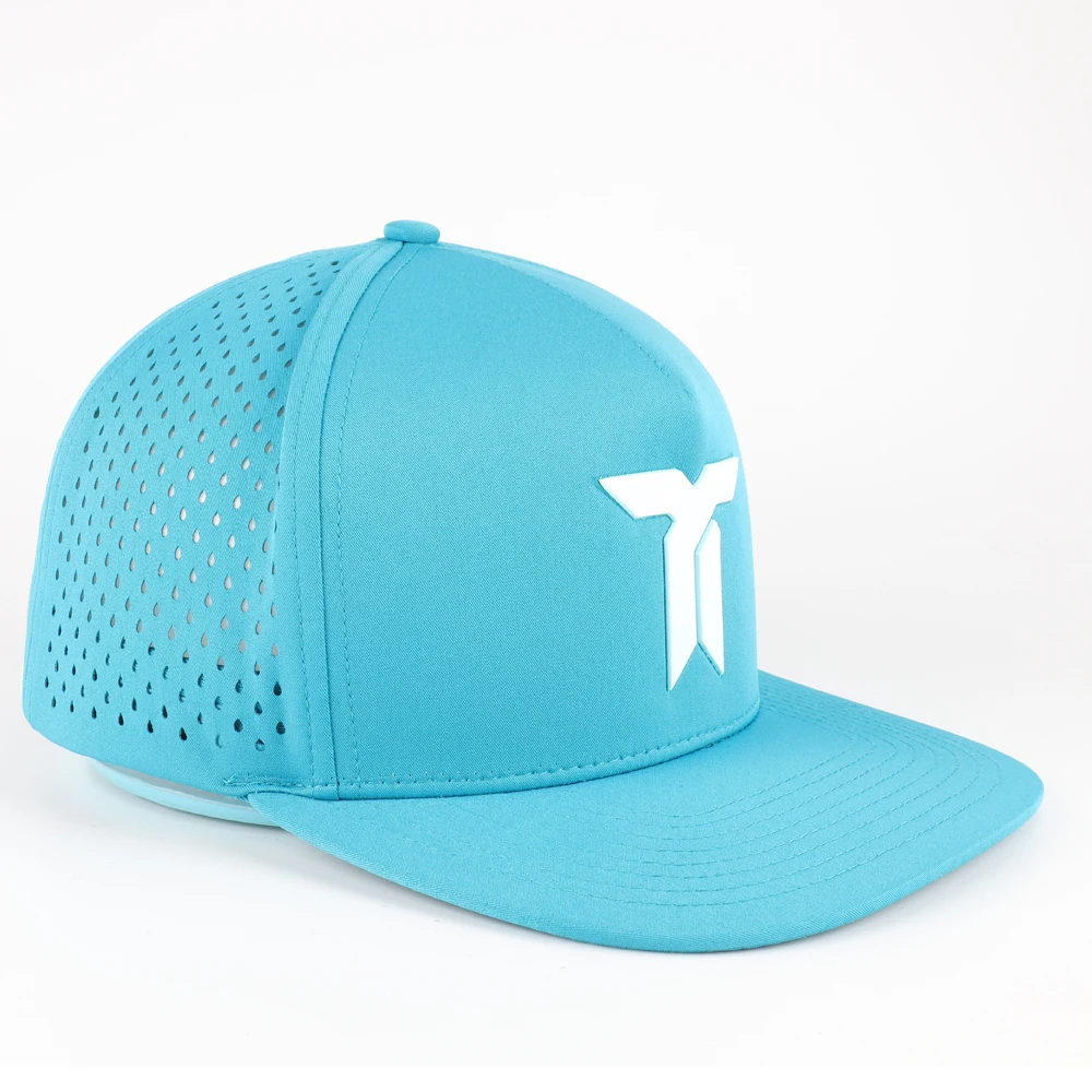 Wholesale Unisex Baseball Cap Custom Rubber Patch 5 Panel Performance Laser Hole Outdoor Blue Snapback Hats