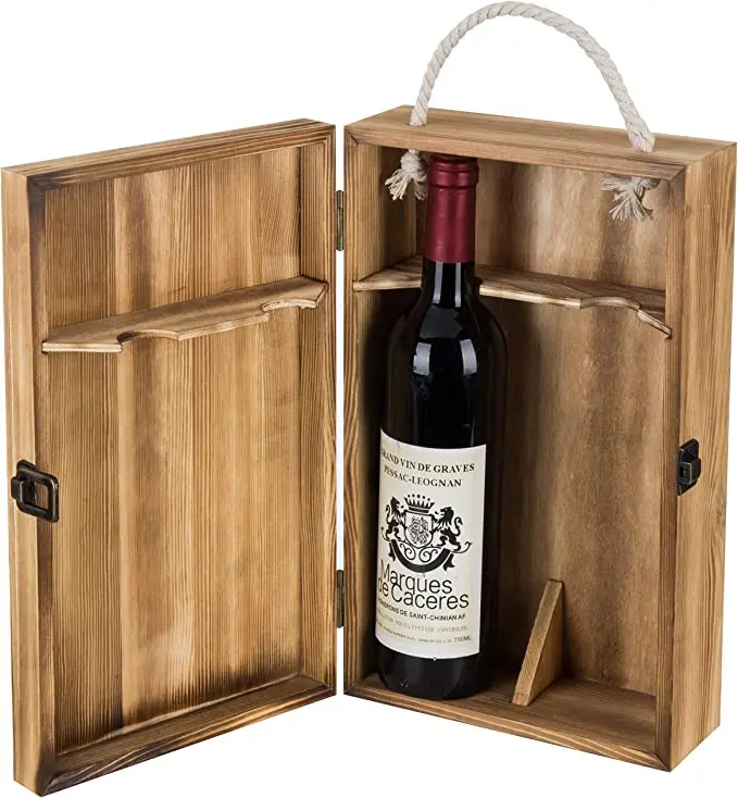 JUNJI Polished Pine Double Bottle Wine Gift Boxes Dark Torched Wood Top Handle Hinged Lid Carrier Handcrafted Wooden Crafts