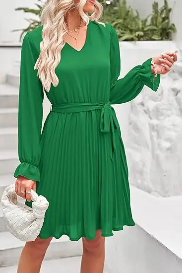 Autumn Print V-Neck Cross-Waist Midi Dress with Flared SleevesPleated Mini Skirt Wedding Guests Beach Outings