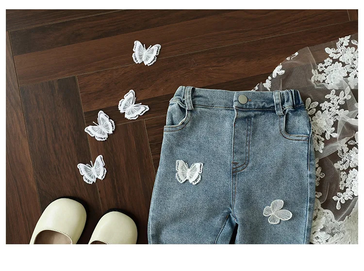 W1538YQ1600 new arrival baby girls jeans straight pant infant kids denim pants children clothing sets boutiques butterfly