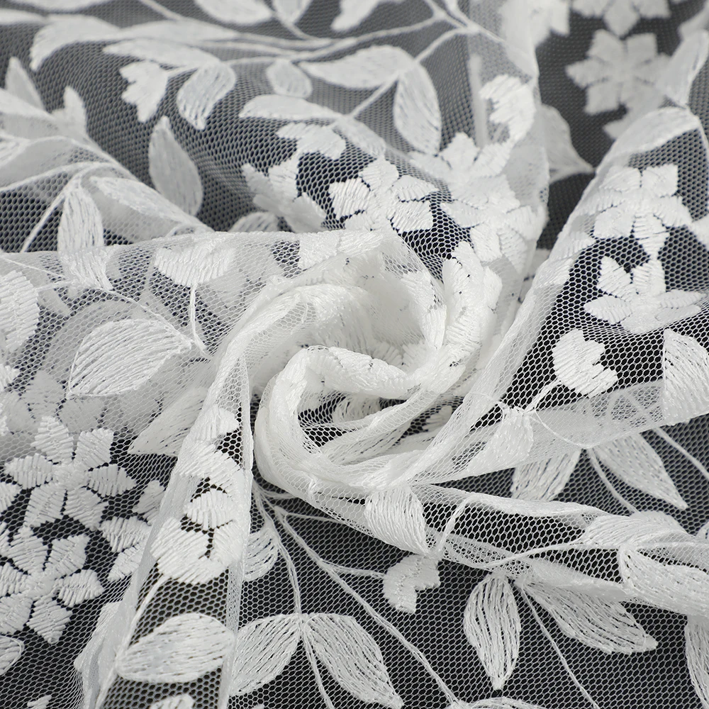 TikTok Hot-Selling Sweet Country Style White Floral Embroidered with Cotton Thread on Mesh Lace Fabric