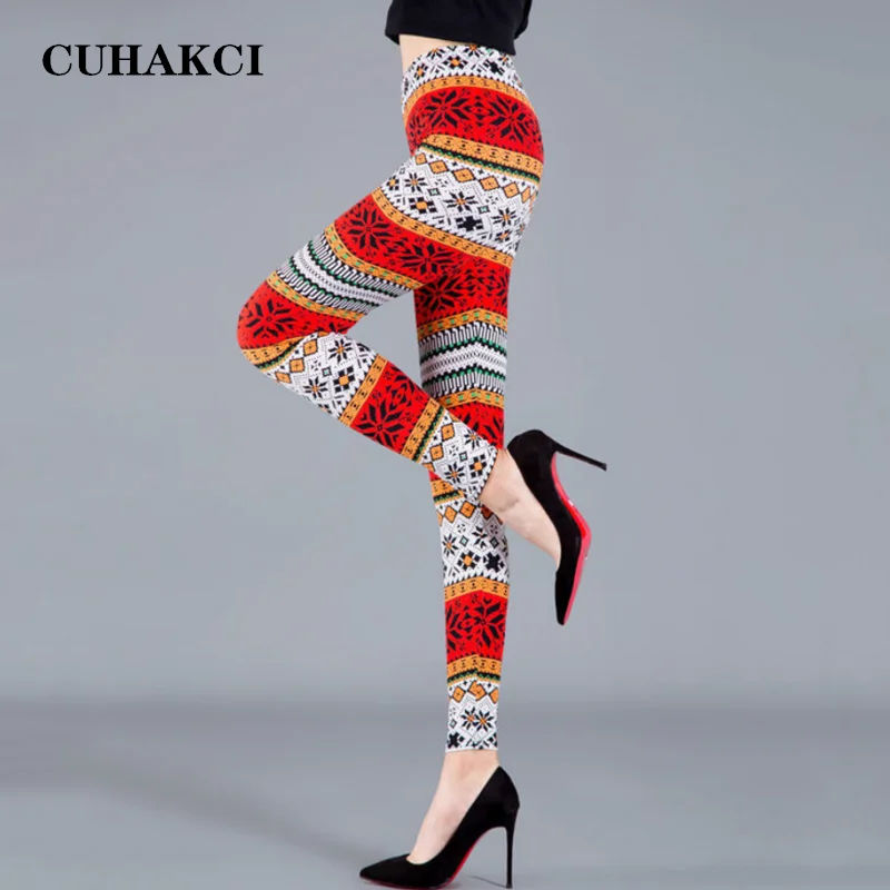 CUHAKCI Women Thin Elastic Snowflake Fawn Letter Pattern Leggings Female Stretchy Sports Fitness Breathable Pants