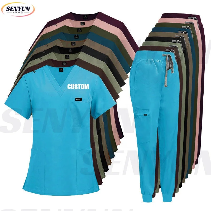 Top Sale Nurses Hospital Uniforms Two Piece Stretch Spandex Pants Scrubs Suit Nursing Jogger Women Scrubs Uniforms Sets