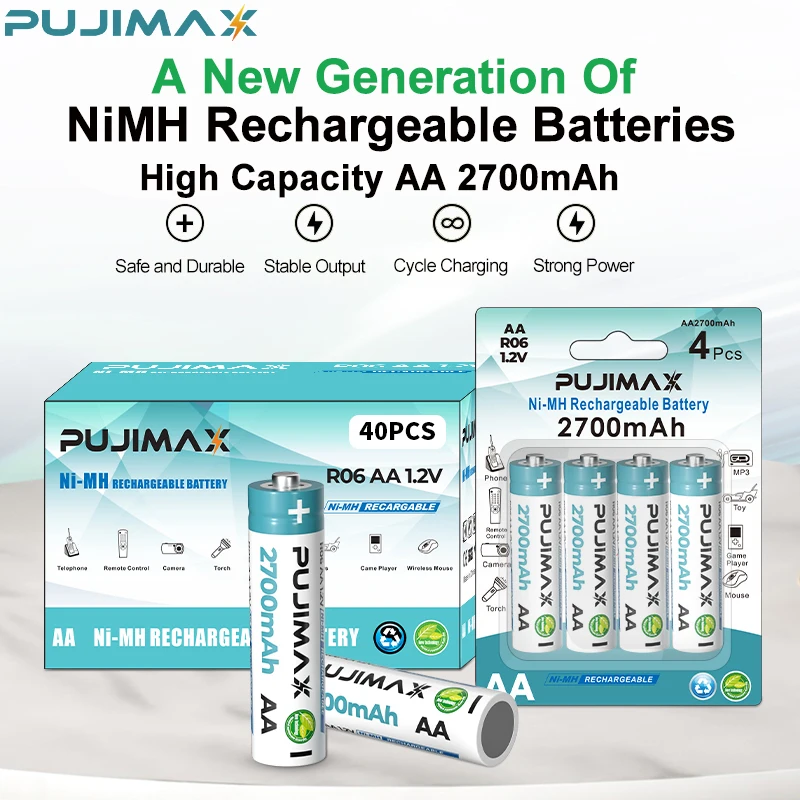 PUJIMAX aa rechargeable batteries 10pcs nimh aa 2700mah 1.2v battery pack flashlight aa nimh batteries for drone remote control