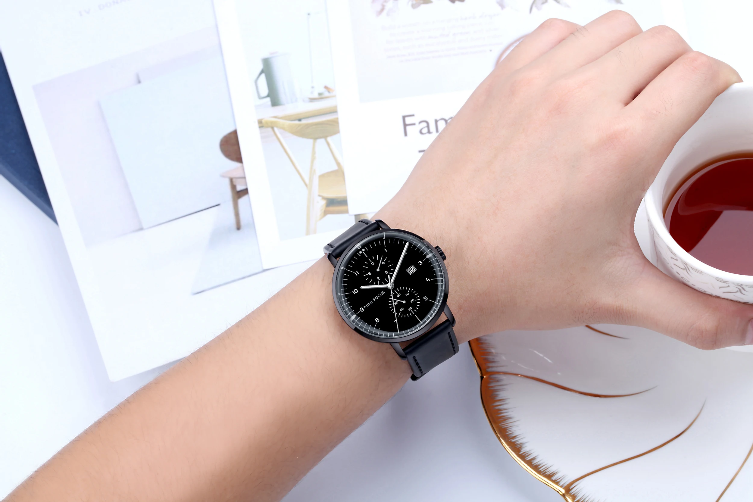 MINI FOCUS MF0052G Fashion Leather Men Quartz Watches Reloj De Hombre Chronograph Waterproof Wrist Watches for Men