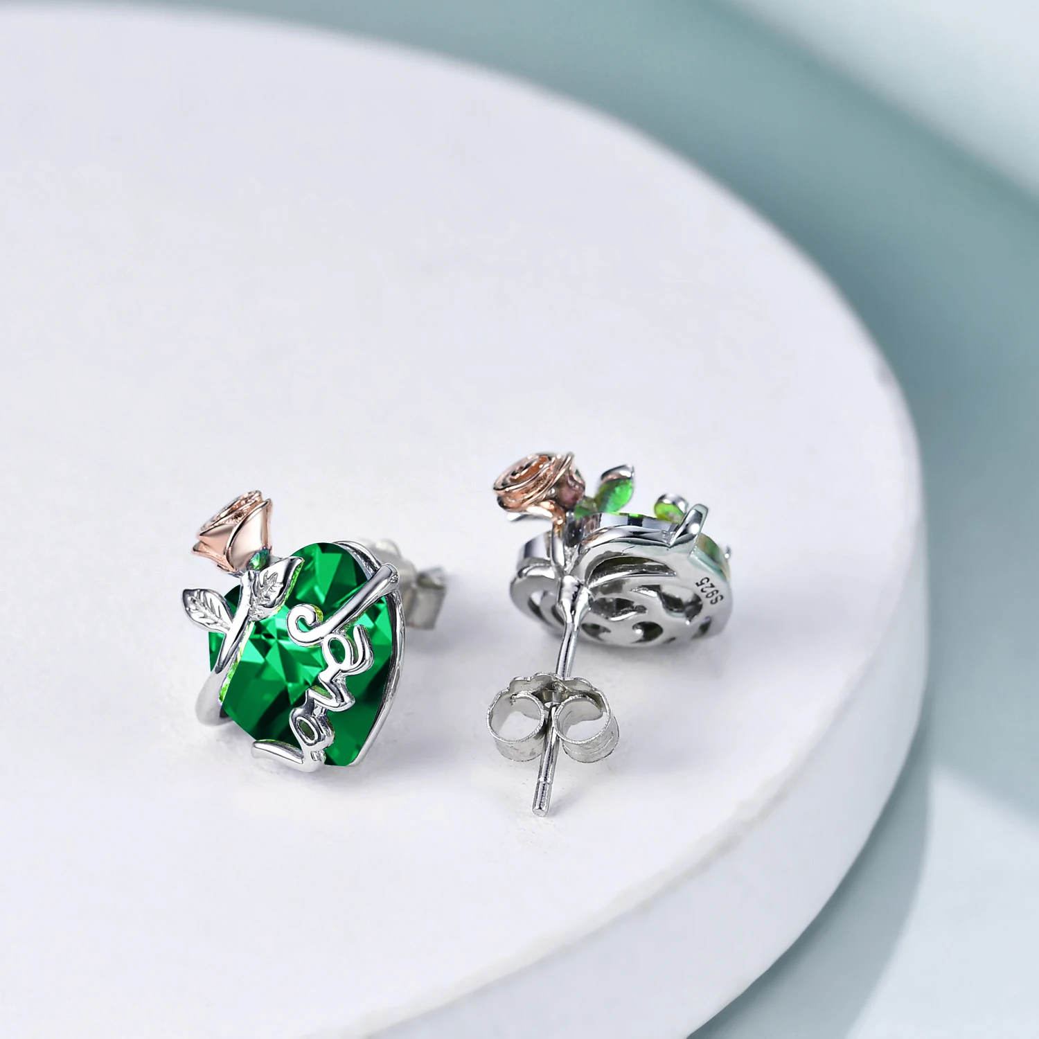 Hot Sale 925 Sterling Silver Green Crystal Two Tone Rose Love Heart Stud Earrings For Women