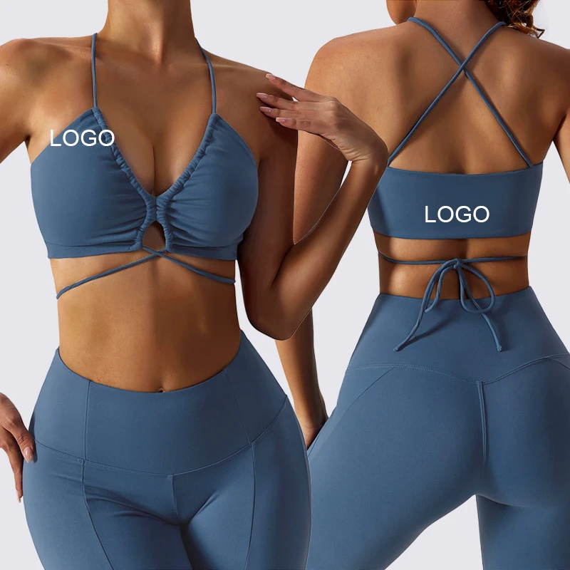 Ropa Deportiva Para Mujer Gym Custom Logo Nylon Spandex Tight Fit Fitness Bra Deep V Neck Sport Bras With High Support