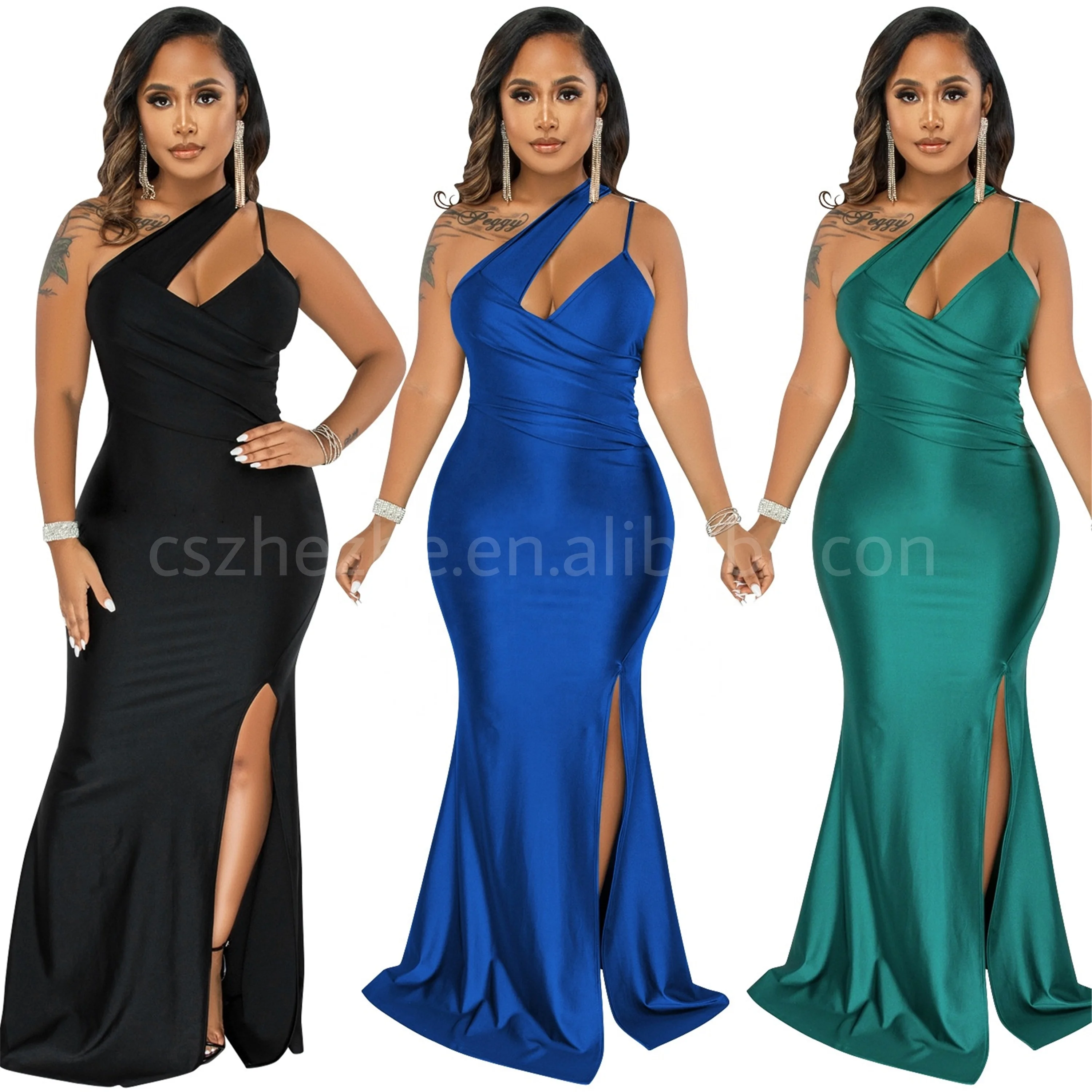 Summer 2024 One Shoulder Skew Neck High Side Split Midi Mermaid Lady Dresses Women Elegant Cut Out  Formal Evening Maxi Dress