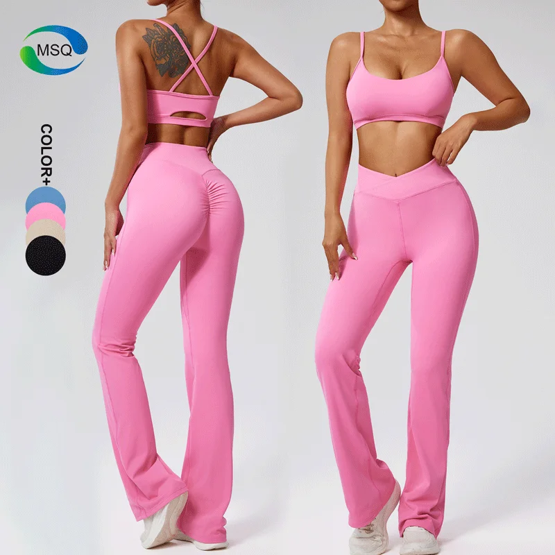 New Activewear Women Gym set sportswear think strap Bra Yoga Sets Cross V Belt flared Pants Leggings two piece Gym Fitness Sets