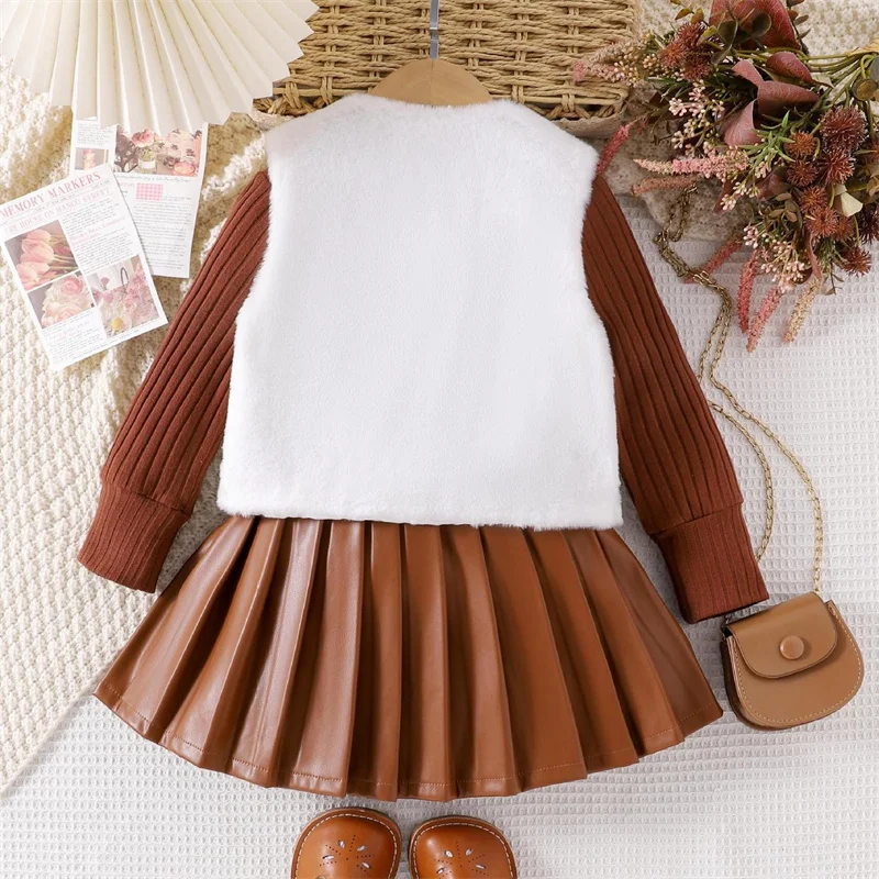 Ms-283 Baby Toddler Girl Clothes Fall Winter 2-3 Years Outfits Child Tops+Fur Vest+Skirts 3 Piece Kids Clothing Sets for Girls