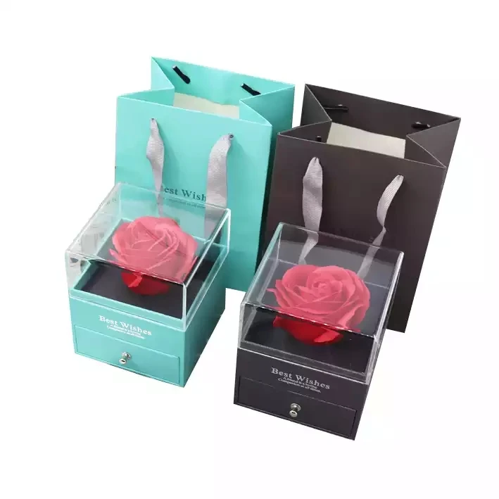 Acrylic Transparent Cover Drawer Ring Necklace Jewelry Box Rose Gift Box Valentines Day Mother Mom Love Day Flower Gift Box