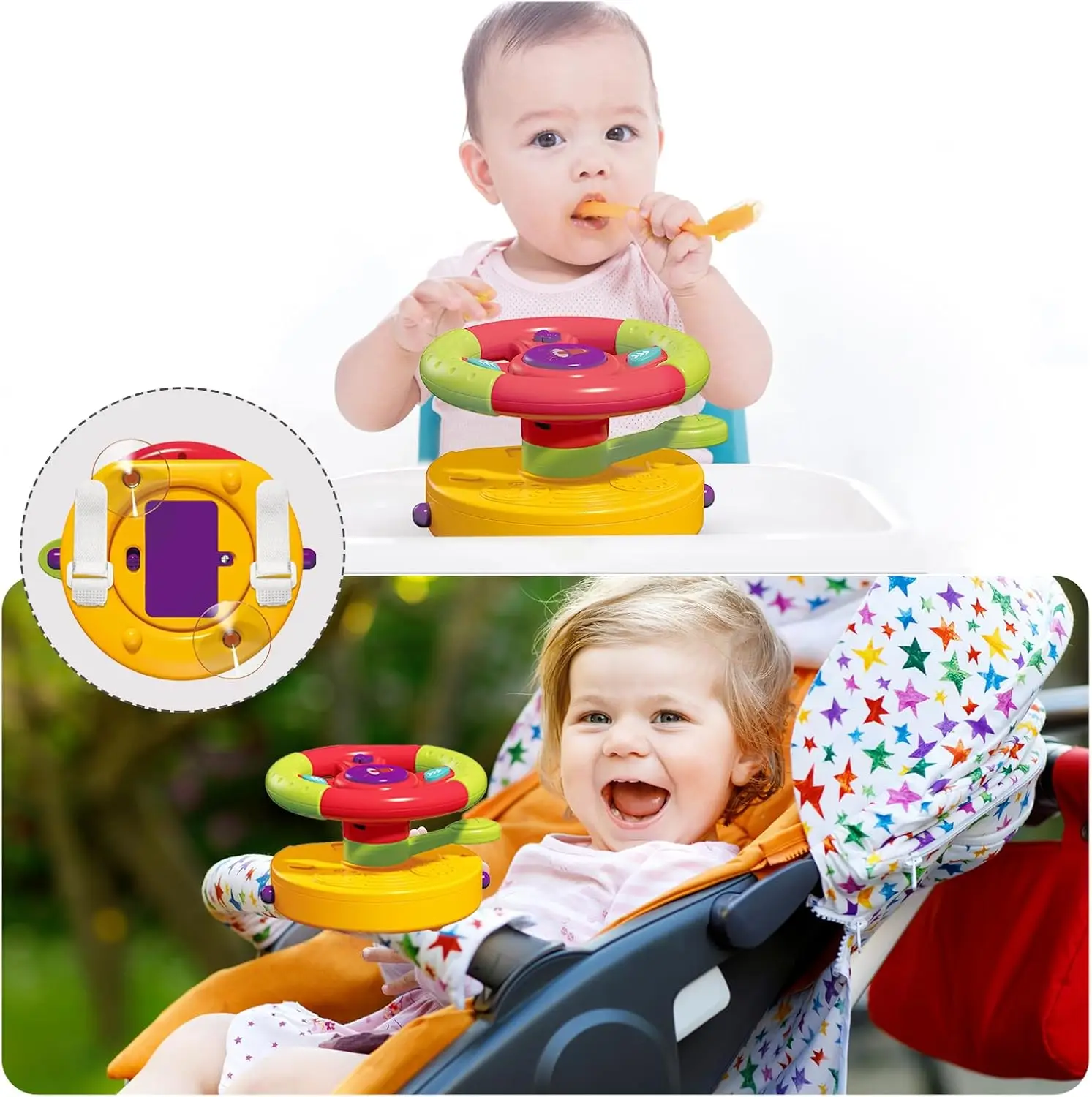 Travel Fun 3 in 1 Baby Stroller Toy Interactive Steering Wheel Toy Pretend Play Driving Rear Car Seat Toys with Mirror