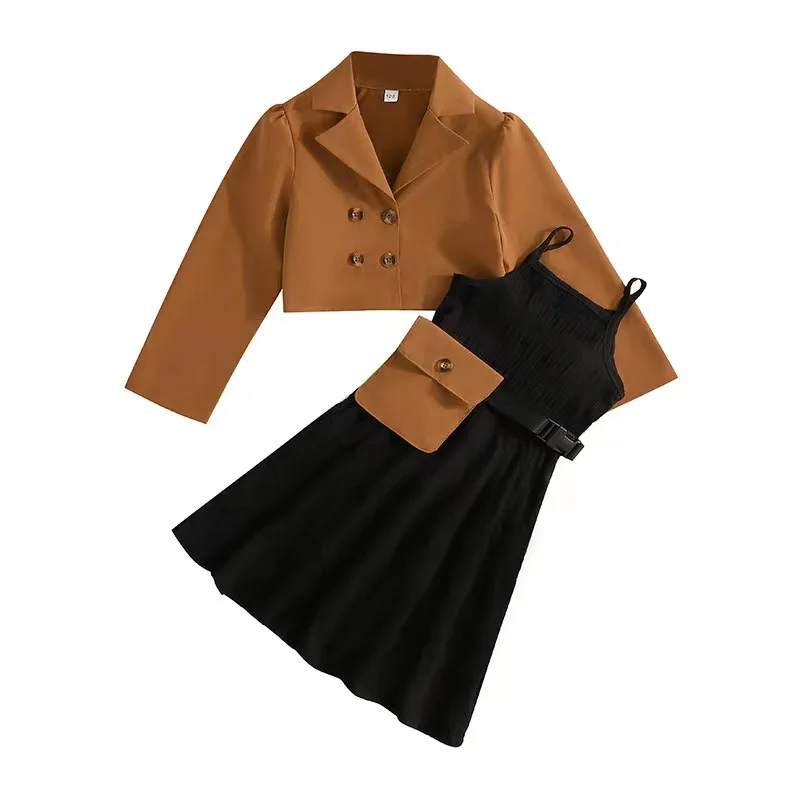 Conyson Latest Fashion korea Kids three pieces clothing suit jacket Dress wholesale solid color Girl summer clothes Set with bag