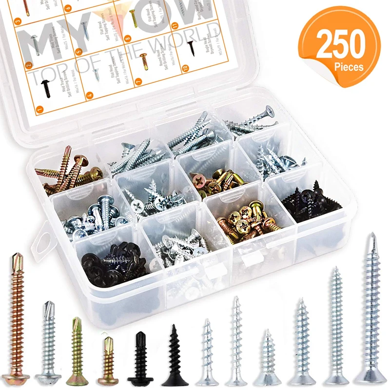  250pcs углеродистая сталь саморез самонарезающие винты Ассортимент