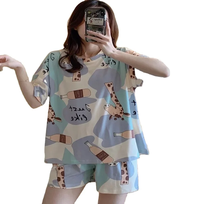 Cartoon Print Pijamas China Supplier short Sleeved Sleepwear Pijamas Por Mayor Silk Pajamas Set allure women sleepwear