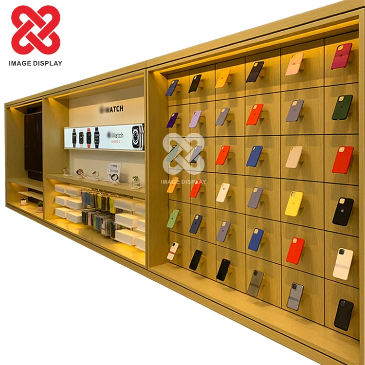 Retail Shop Store Smart Mobile Cellphone Accessories Metal Floor Stand Wood Display Shelf