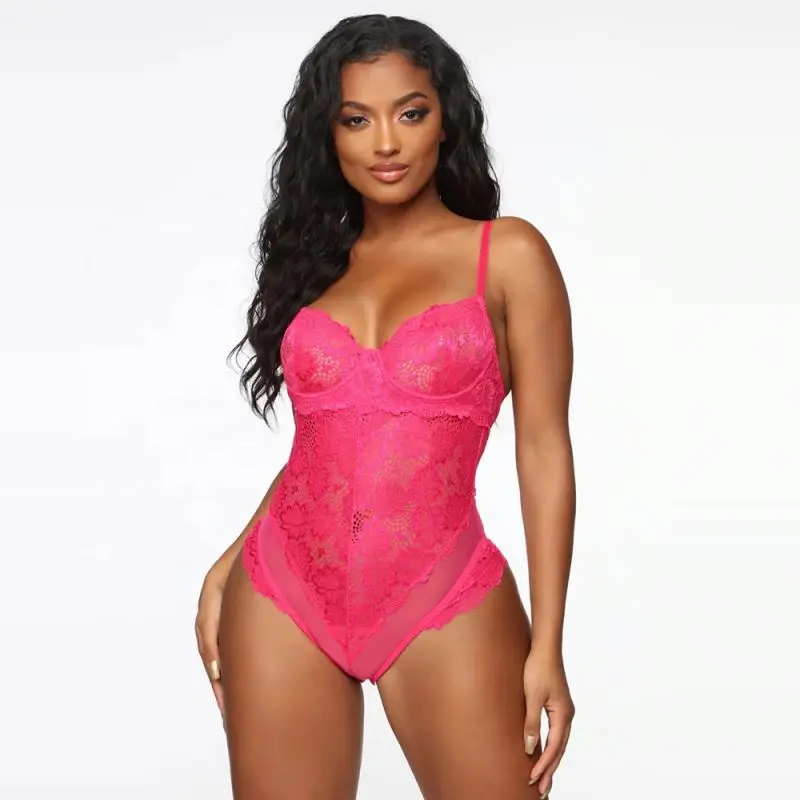 OEM chinese vendor padded bra top pink,mesh bodysuit floral lace teddy women lingerie