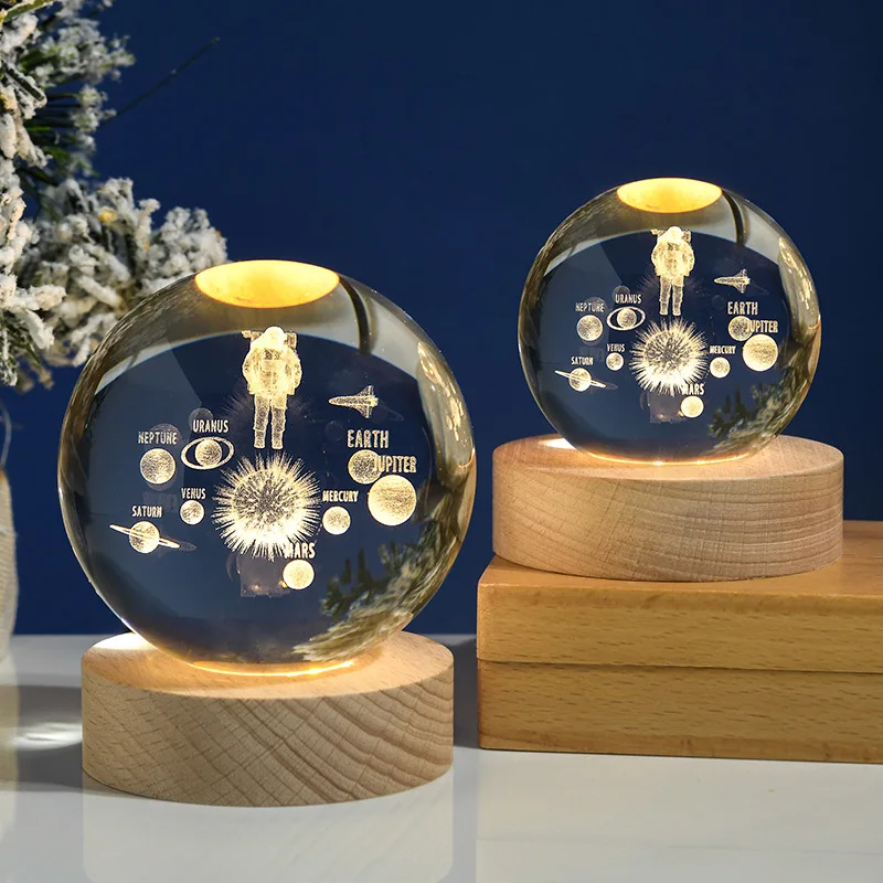 6cm Crystal Ball Led 3d Art Internally Carved Luminous Wood Base Lights Gift Colorful Gradient Plug in Baby Kids Night Light