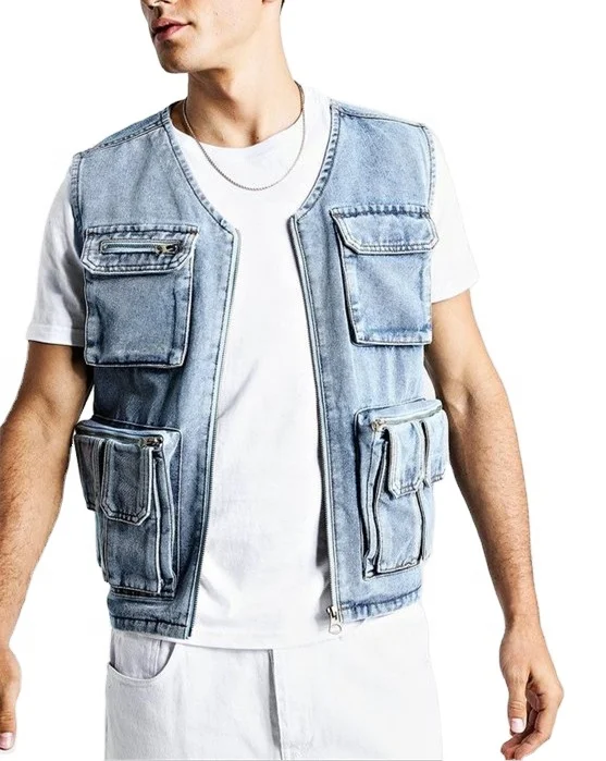 
Manufacture custom design fashion denim vest high quality pockets denim vest for men 