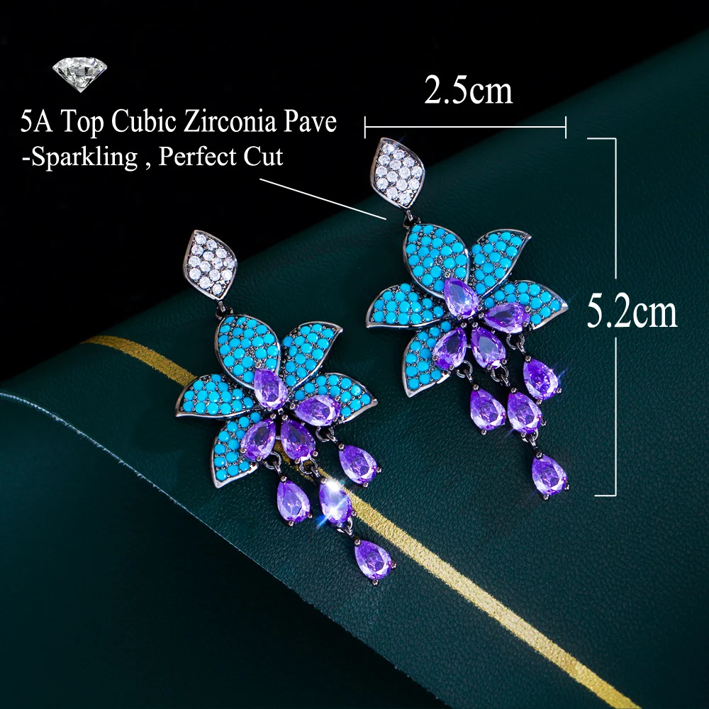 Unusual Design 2024 Party Cubic Zircon and Turquoise Stone Long Drop Purple Earrings for Women Jewelry Accessories