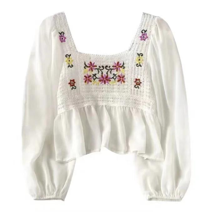 2023 Women Vintage solid knitting V-neck Embroidery Hollow Out long Sleeve Blouses and Shirts For Lady Tops Clothing