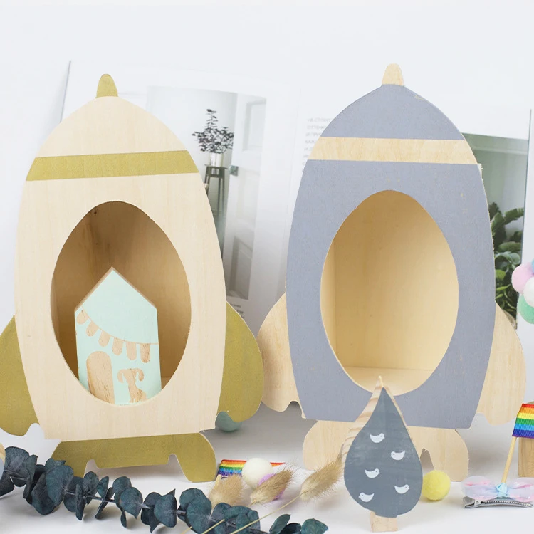 Nordic handmade wooden rocket storage shelf home decorations baby nursery decor for children room