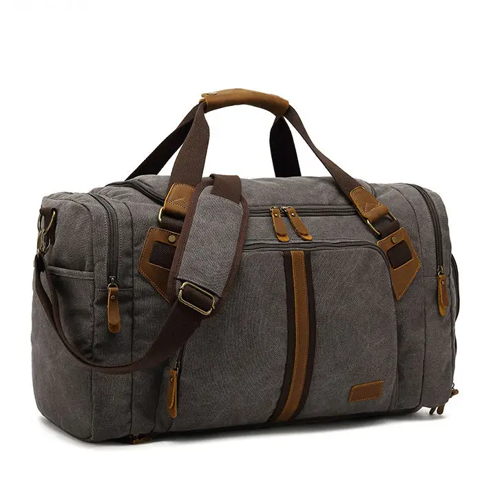 Luxury canvas travel duffel bag for men genuine leather casual travel luggage duffel bag