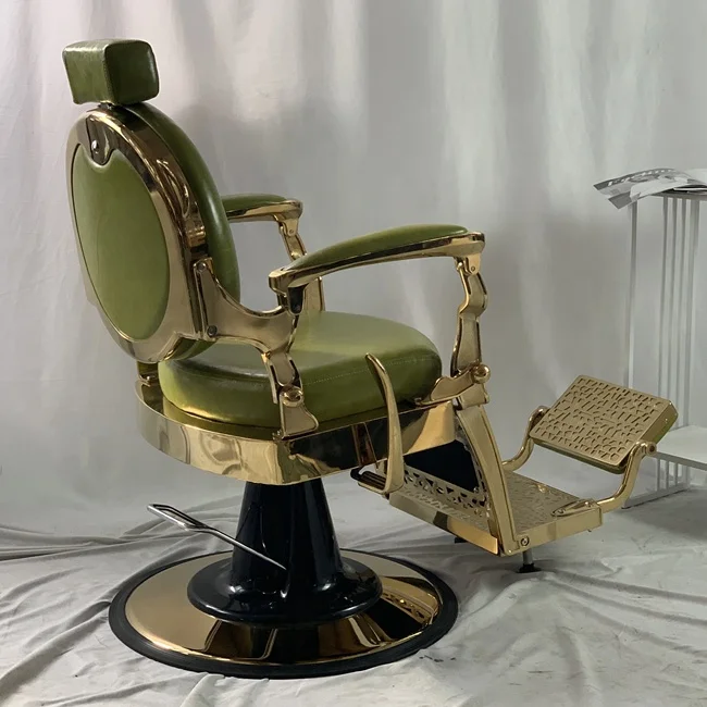 Green Antique Barber Chair With Gold Frame Hairdressing for Barbershop Hair Salon