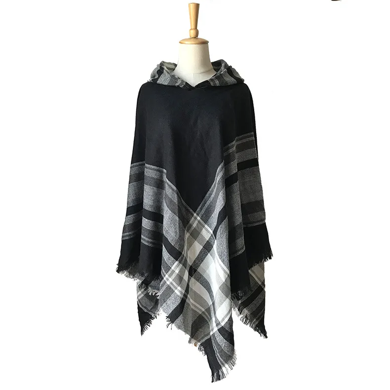 Winter Women Blanket Scarves With Hood Acrylic Shawl Hoodies Plaid tartan blanket poncho scarf Shawl