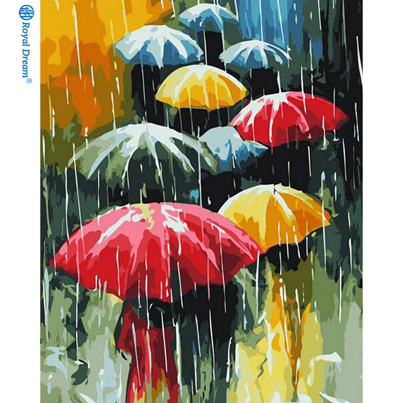 ROYALDREAM Abstract umbrella rain scenery landscape oil painting canvas wooden frame diy acrylic paint by numbers for home decor
