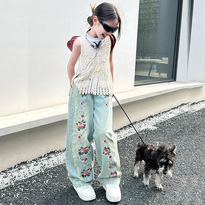 New fashion teen Girls Clothing set solid vest T-shirt + tulle lace blouse + floral embroidery jeans pants clothing set for kids